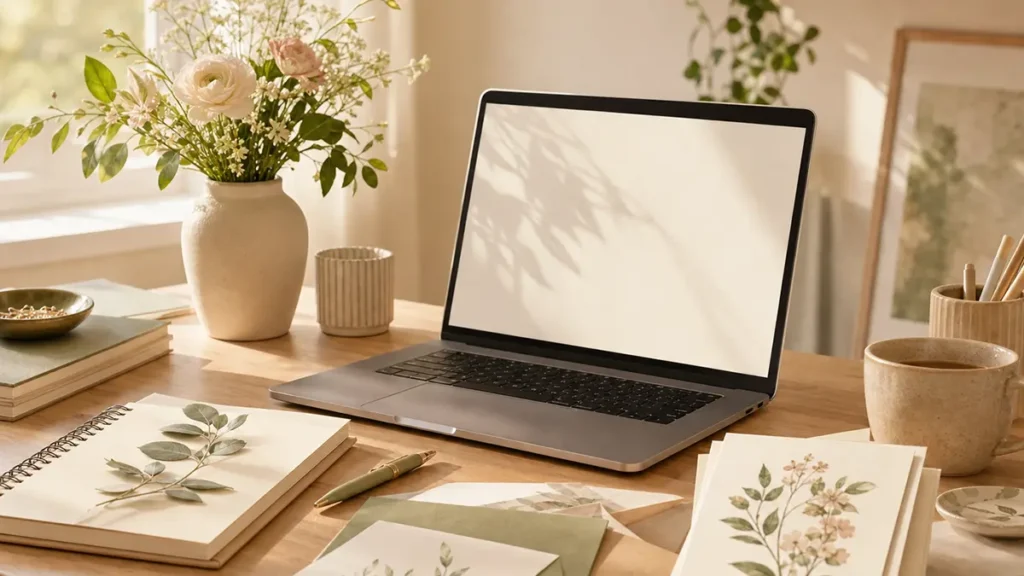 Warm creative desk with laptop, greeting cards, flowers, and stationery