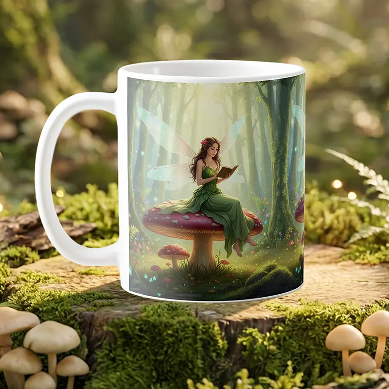 FairyJournal mug with a reading fairy in a forest