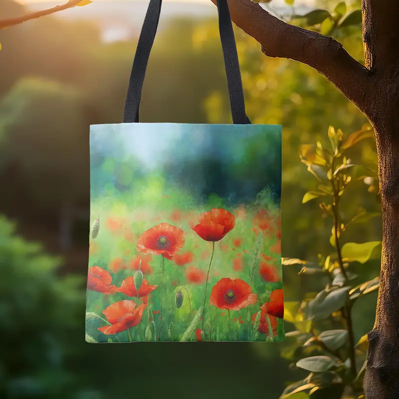 Tote bag with red poppy floral artwork
