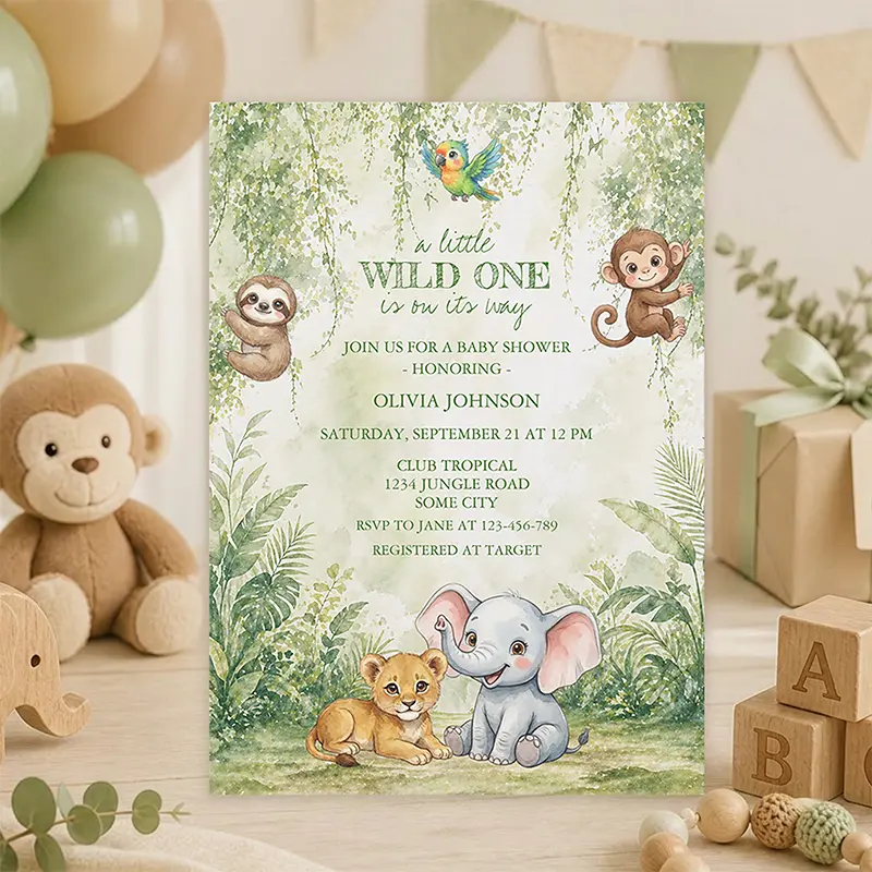 Watercolor jungle baby shower invitation with cute safari animals